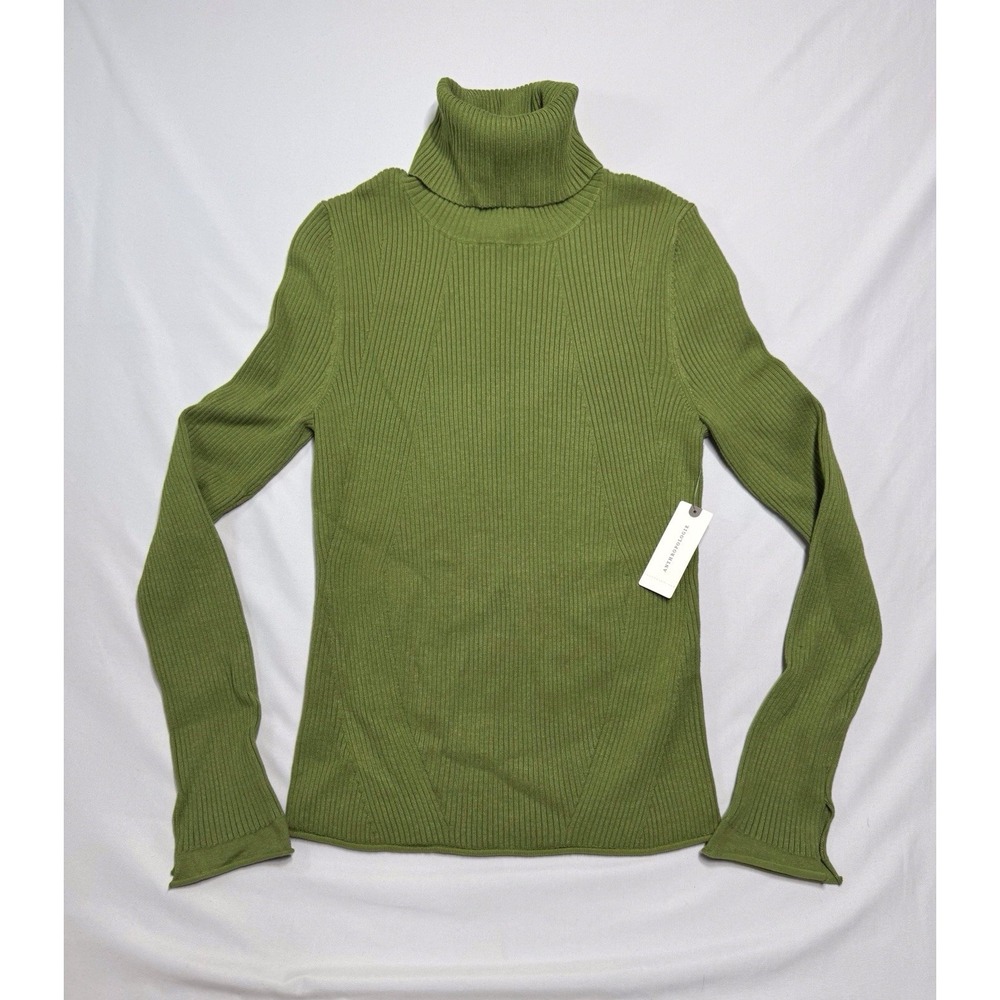 NWT Anthropologie Maeve Parker Ribbed Green Turtleneck Sweater Womens Size Small